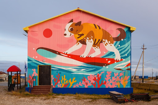 Surfing Dog: A Whimsical Tribute by SPEKTR in the Arctic